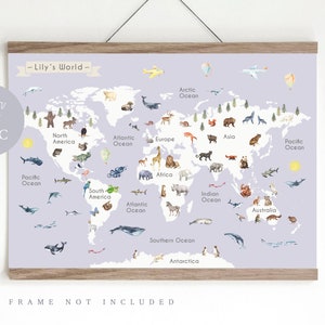 Animal World Map Print, Kid's World map,  Educational Print,  Nursery Map,  Nursery wall art,  Children's Room Decor,  Playroom Print