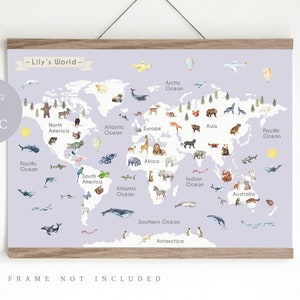 Animal World Map Print, Kid's World map,  Educational Print,  Nursery Map,  Nursery wall art,  Children's Room Decor,  Playroom Print