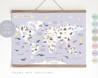 Animal World Map Print, Kid's World map,  Educational Print,  Nursery Map,  Nursery wall art,  Children's Room Decor,  Playroom Print