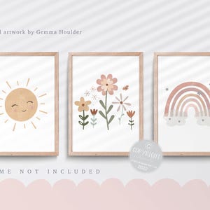 Wildflower nursery print, Set of 3 prints, Pink nursery decor, Floral nursery print, Rainbow print, Girl bedroom art, Sunshine print, Boho