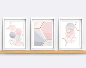 Abstract Geometric Prints Set: Pink & Gray Minimalist Wall Art