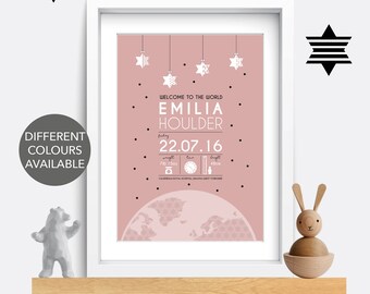 May include: A pink and white printable birth announcement with a star design. The announcement includes the name "Emilia Houlder" and the date "22.07.16".
