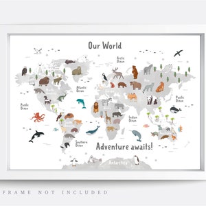 Animal World Map Print, Map Wall Art,  Educational Print,  Baby Decor,  Nursery Map,  Nursery Room,  Children&#39;s Room Decor,  Playroom Print