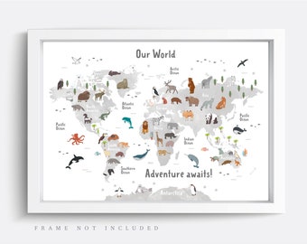 Peut inclure: Une carte du monde grise avec un effet aquarelle, représentant divers animaux de différents continents. La carte comprend le texte "Our World" et "Adventure awaits!" ainsi que les noms des continents et des océans.