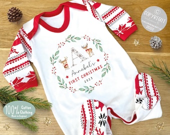 Personalized First Christmas Sleepsuit: Reindeer Baby Outfit