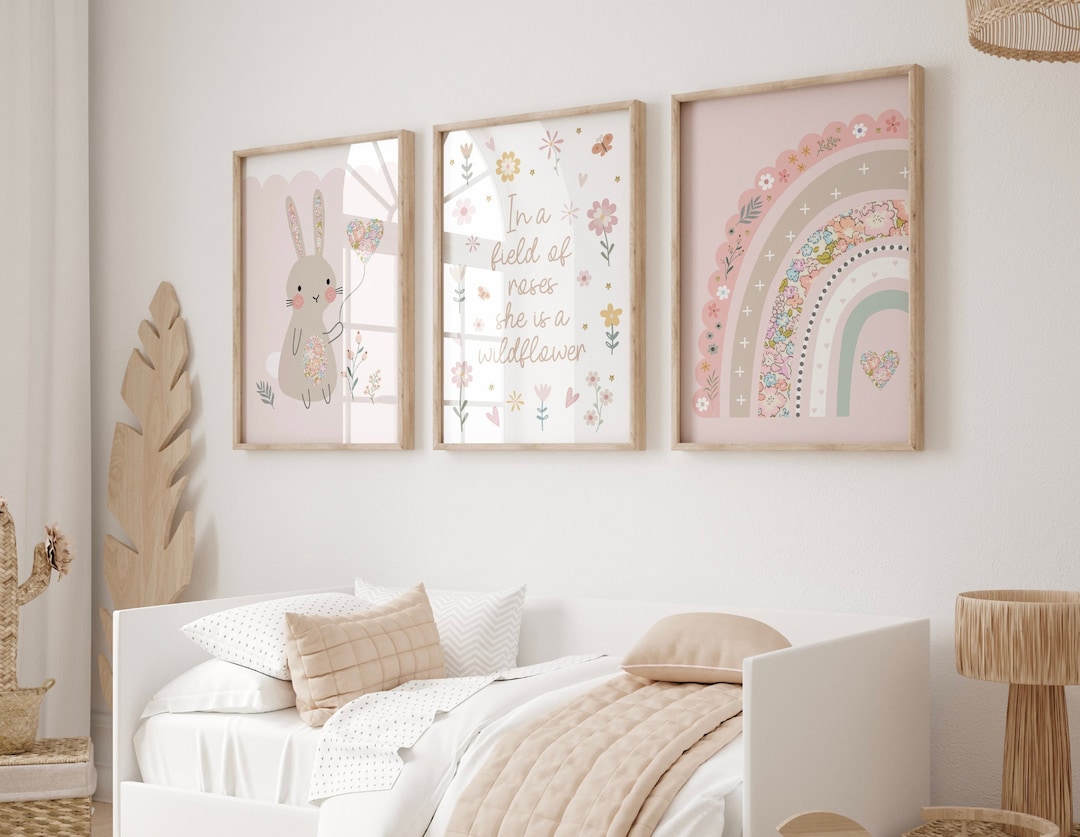 Bunny Nursery Print, Set of 3 Prints, Pink Nursery Decor, Floral ...