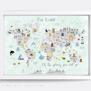 Animal World Map Print, Map Wall Art,  Educational Print,  Baby Decor,  Nursery Map,  Nursery Room,  Children's Room Decor,  Playroom Print