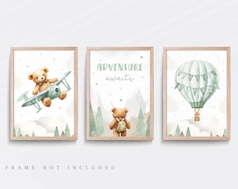 Teddy Bear Nursery Print Set: Hot Air Balloon, Aeroplane Wall Art