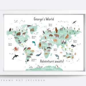 Animal World Map Print, Map Wall Art,  Educational Print,  Baby Decor,  Nursery Map,  Nursery Room,  Children&#39;s Room Decor,  Playroom Print