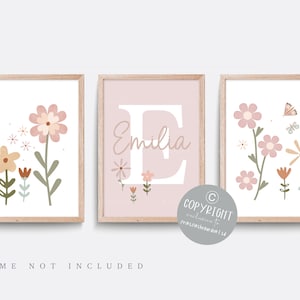 Wildflower nursery print, Set of 3 prints, Boho nursery decor, Floral nursery print, Baby name print, Girl bedroom art, kid name art