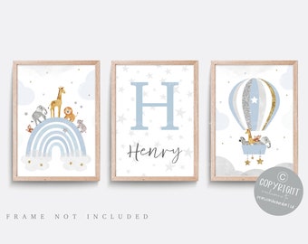 Safari Nursery Print Set: Hot Air Balloon, Blue & Grey Star Prints