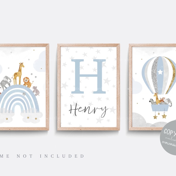 Safari nursery print. Set of 3 Star prints. Cloud nursery decor. Hot air balloon. Baby nursery print. Baby boy gift. Blue and grey art