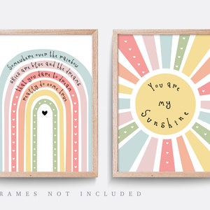 Rainbow nursery print, You are my sunshine print,  Set of 2 prints, Nursery wall art, Kids bedroom art, Somewhere over the rainbow