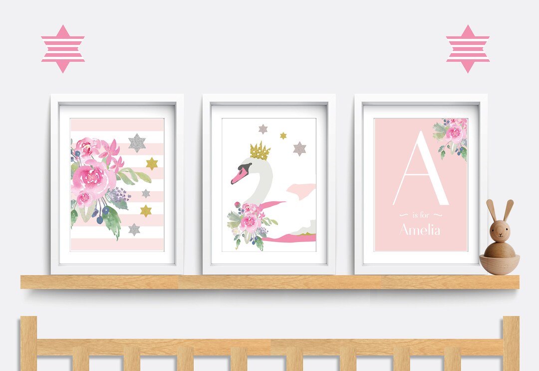 Swan Nursery Print Set: Pink Floral Girls Room Decor - Etsy