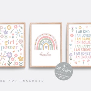 Wildflower nursery print, Set of 3 prints, Pink nursery decor, Floral nursery print, Rainbow print, Girl bedroom art, Affirmation print