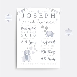 Birth details print, Elephant nursery print, Birth poster, Baby name print, Baby name sign, Christening/baptism gift, Baby name wall art