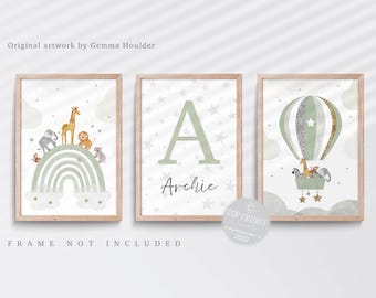 Safari Animal Nursery Print Set: Hot Air Balloon, Green & Grey Decor