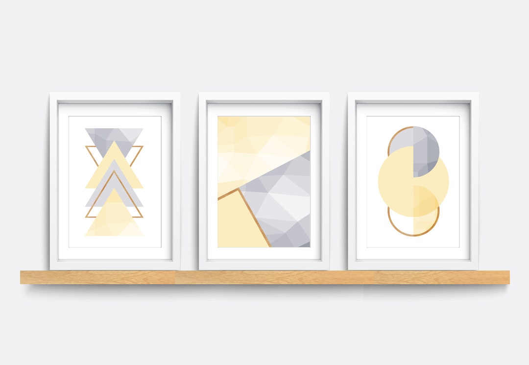 Set of 3 Prints, Abstract Wall Art Prints, Minimalist Prints, Yellow ...