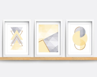 Abstract Geometric Prints: Yellow & Gray Minimalist Wall Art (Set of 3)