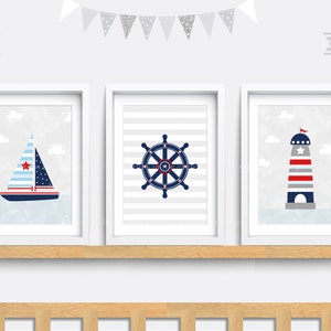 Nautical nursery prints, Nautical Nursery wall art, Set of 3 sea themed prints, Boat wall art, Kid bedroom art, Baby nursery decor, Grey art