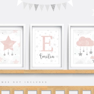 Nursery wall art, Set of 3 Star prints, Kids name print, Girl nursery decor, Pink nursery prints, Baby name print, Cloud print, Baby gift