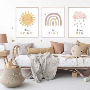 Image showcasing Nursery Wall Art, Set of 3 Prints, Cloud Nursery Print, Rainbow Nursery ...
