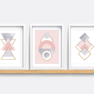 Set of 3 Prints, Abstract Wall Art Prints, Minimalist Prints, Pink and Grey Art Prints, Teen girl bedroom prints, Living room decor art