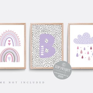 Rainbow nursery print, Rainbow wall art, Lilac nursery decor, Cloud nursery art, Baby name print, Pink wall art, Girls bedroom art, Set of 3