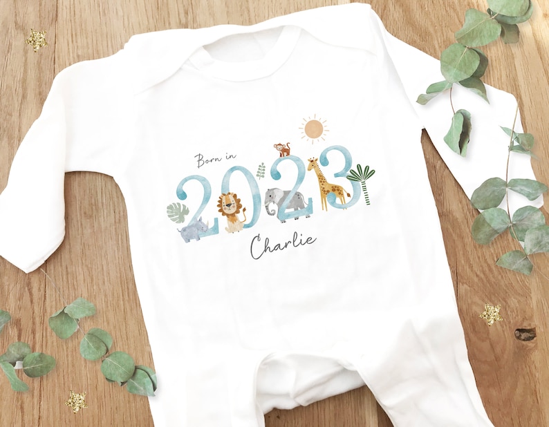 Personalised Sleepsuit, New baby gift, Born in 2024 gift, Personalised baby grow, Safari baby gift, Going home outfit, Baby keepsake image 4