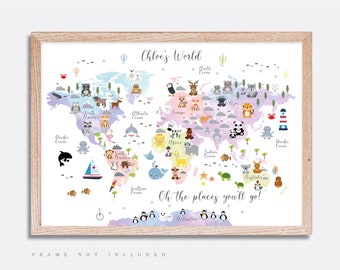 Animal World Map Print, Map Wall Art,  Educational Print,  Baby Decor,  Nursery Map,  Nursery Room,  Children's Room Decor,  Playroom Print