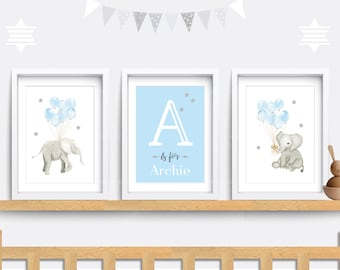 Elephant Nursery Art Prints: Blue & Gray, Personalized Name, Set of 3
