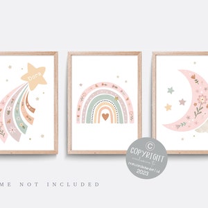 Nursery wall art, Set of 3 prints, Rainbow nursery print, Wildflower decor,  Star art, Moon print, boho art, pink wall art, girl bedroom art