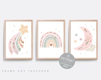 Nursery wall art, Set of 3 prints, Rainbow nursery print, Wildflower decor,  Star art, Moon print, boho art, pink wall art, girl bedroom art