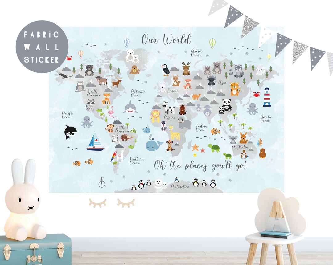 Animal World Map Wall Sticker, Wall Decal, Nursery Wall Sticker ...
