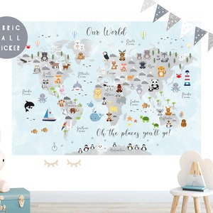 Animal World Map wall sticker, Wall decal, Nursery wall sticker, Nursery wall art, Kid wall decal, Mural, Animal world map, Map of the world