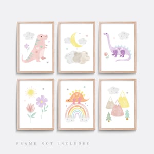 Dinosaur nursery prints, Set of 6 Nursery prints, Nursery wall art, Dinosaur wall art, Mountain wall art, Rainbow art, Playroom print, Girls