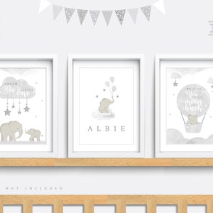 Elephant wall art, Set of 3 prints, Elephant Nursery print, Nursery decor, Grey wall art, Safari animal art, Dream big little one print