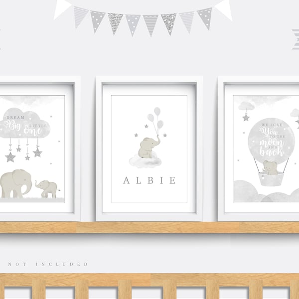 Elephant wall art, Set of 3 prints, Elephant Nursery print, Nursery decor, Grey wall art, Safari animal art, Dream big little one print