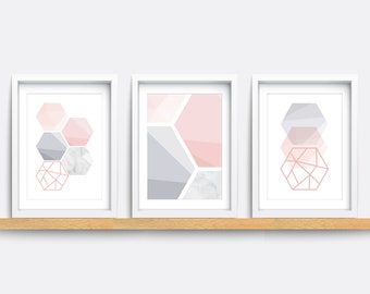 Abstract Geometric Prints Set: Pink, Grey, and Marble Wall Art