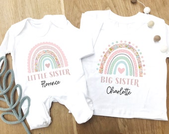 Personalized Sister Outfit: Rainbow Matching T-Shirt & Baby Grow
