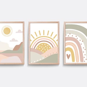 Mountain Rainbow Nursery Prints: Set of 3, Abstract Landscape