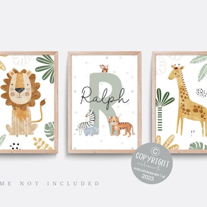 Safari Animal Nursery Print Set: Tiger, Lion, Giraffe, Boys Room Art