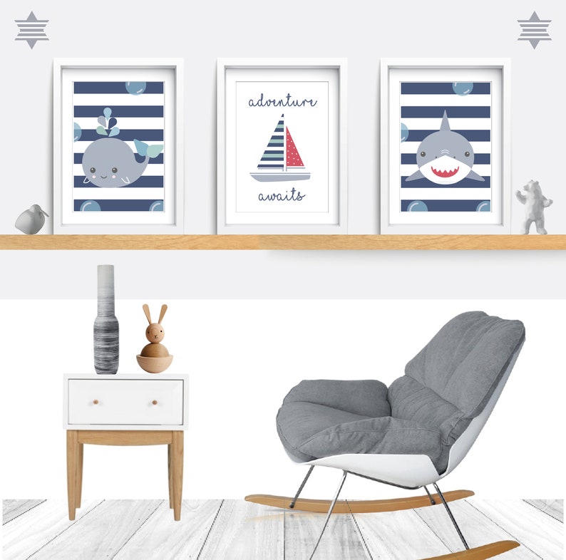 Nautical Nursery Wall Art Set of 3 Sea Themed Prints Whale Etsy