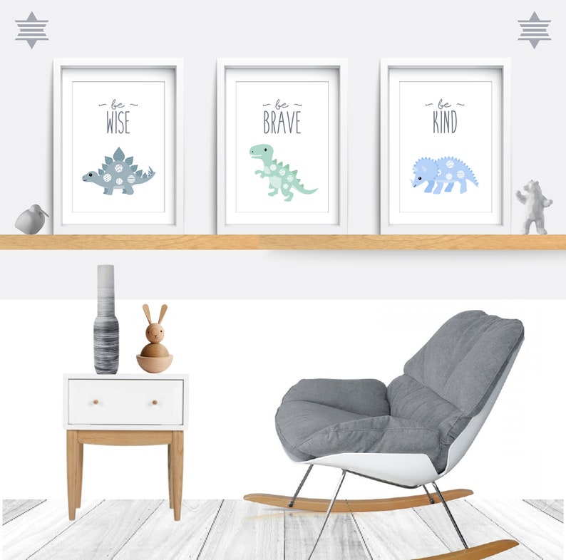 Dinosaur Nursery wall art, Set of 3 dinosaur prints, T-Rex art, Be brave, Kid bedroom art, Baby nursery decor, Triceratops, Blue bedroom art image 2