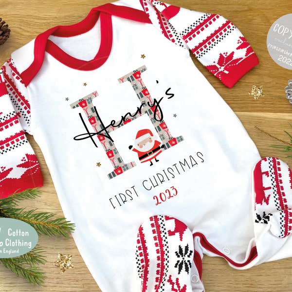 Gepersonaliseerde eerste kerstpyjama, 1e kerstbabygroei, pyjama, baby's 1e kerstcadeauidee, kerstoutfit voor baby, kerstman