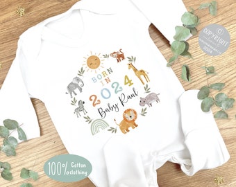 Personalised Sleepsuit, New baby gift, Born in 2024 gift, Personalised baby grow, Safari baby gift, Going home outfit, Baby keepsake