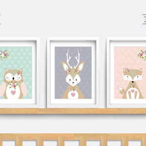 Woodland Animal Nursery Prints: Fox, Owl, Deer - Set of 3