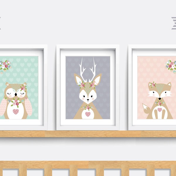 Woodland Nursery wall art, Set of 3 animal prints, Forest Nursery print, Kid bedroom art, Baby nursery decor, Fox, Owl print, Deer print