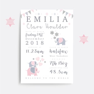 Birth details print, Elephant nursery print, Birth poster, Baby name print, Baby name sign, Christening/baptism gift, Baby name wall art
