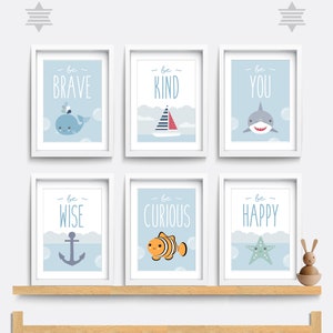 Nautical Nursery wall art, Set of 6 sea prints, Be brave be kind, Kid bedroom art, Baby nursery decor, Shark art, Boat print, Whale decor